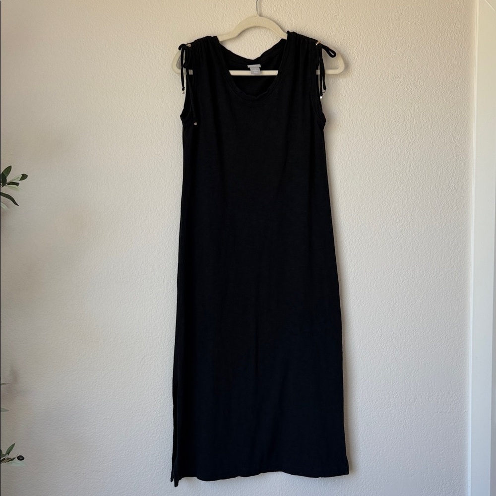 Chico’s Black Tie Shoulder Maxi Dress Stretch Knit Sleeveless Side Slit Size 0